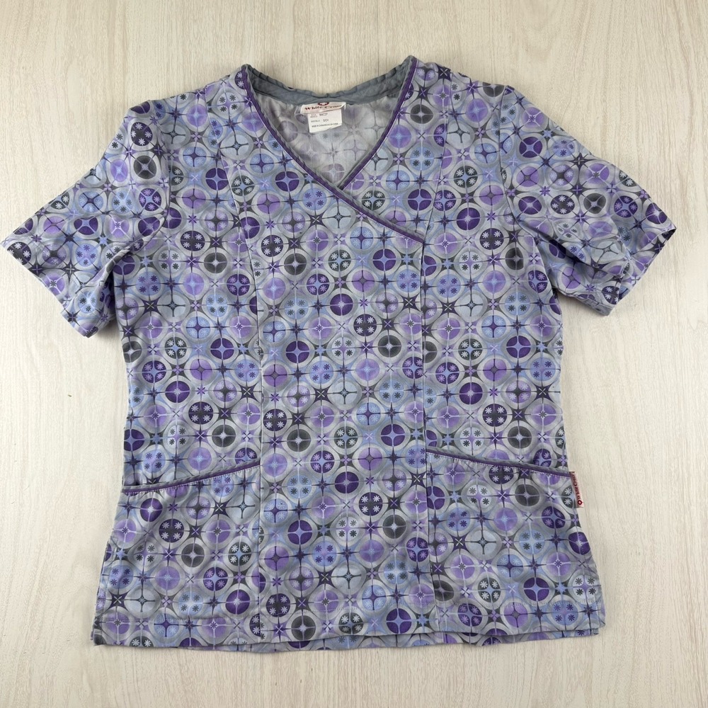 Vtg White Cross Womens Small Scrub Top V Neck Purple Starburst Whimsy Gray